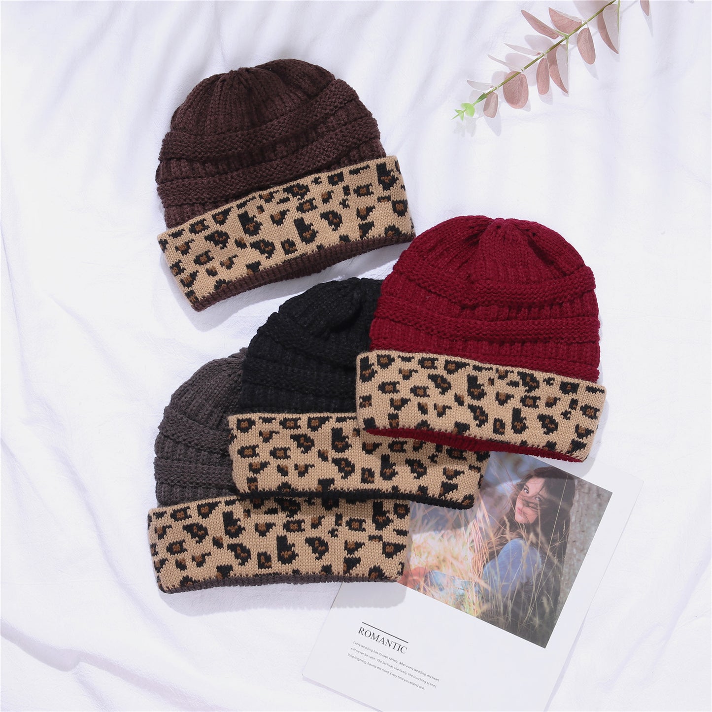 Leopard Print Cuffed Knitted Hat for Women
