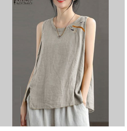 Cotton Linen Vest Female Artistic Embroidery Outer Wear Inner Wear