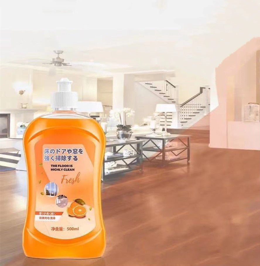 Bottle of floor cleaning product with a blurred living room background