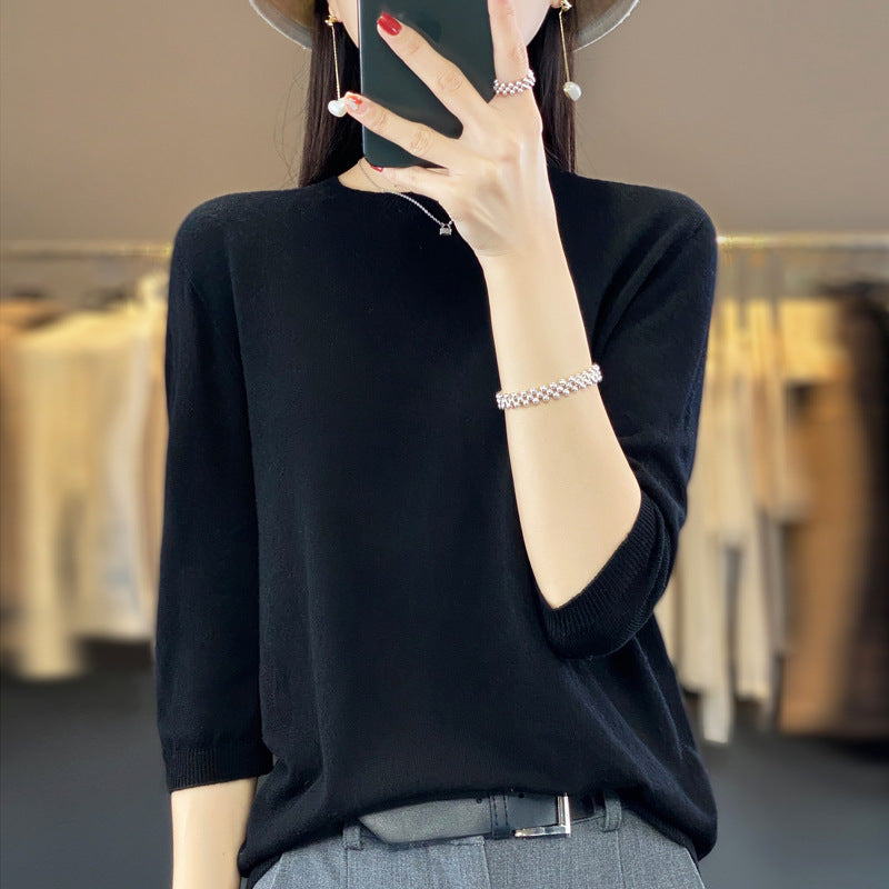Front Line Ready-made Garments Worsted Sweater Half Sleeve Round Neck Pure Color All-matching Loose T-shirt