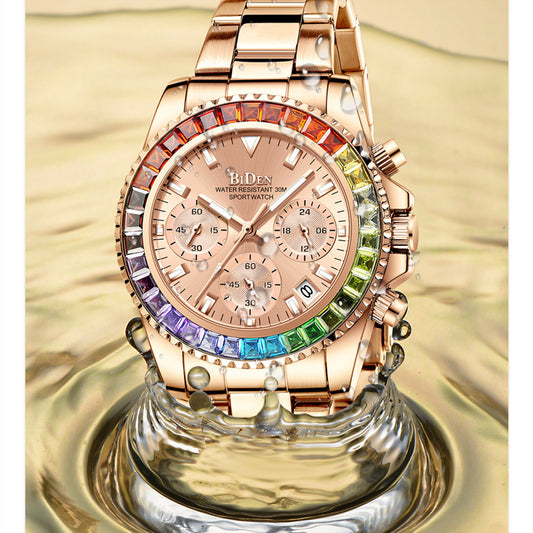 Fashion Steel Band Colored Diamond Ladies Watch