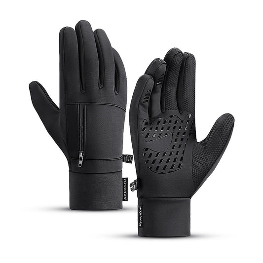 Pair of black gloves with touch screen tips on a white background