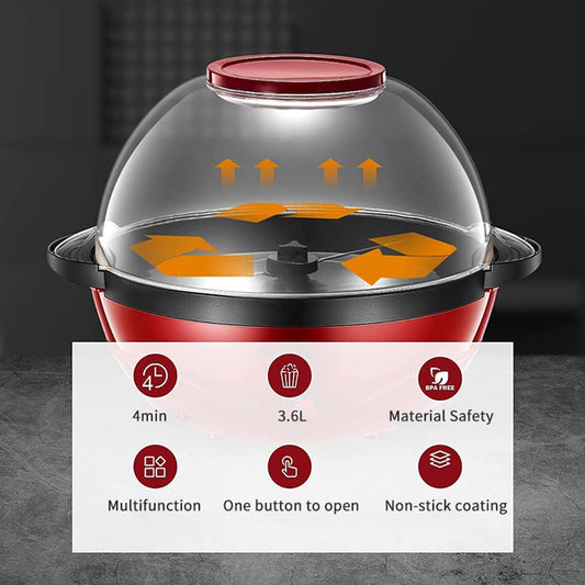 Red kitchen appliance with clear dome lid and feature icons on a dark background