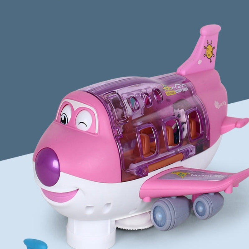 A blue toy airplane with multicolor LED lights, featuring character figures inside and built-in music notes, indicating it has sound functionality.