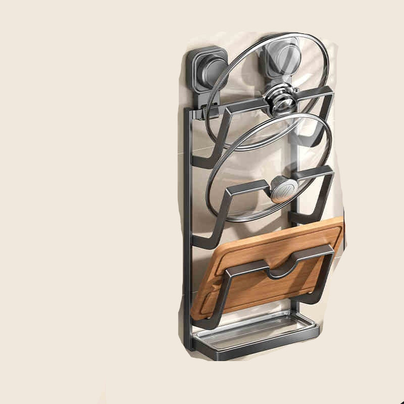 Wall-mounted kitchen rack with dimensions and gun grey color option on a tiled wall.