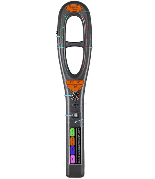 RF and magnetic field detector with labeled components on a white background