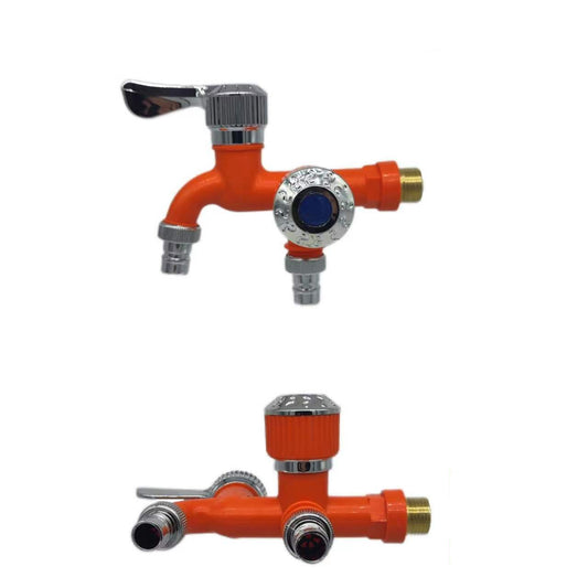 Orange faucet with measurements on a white background