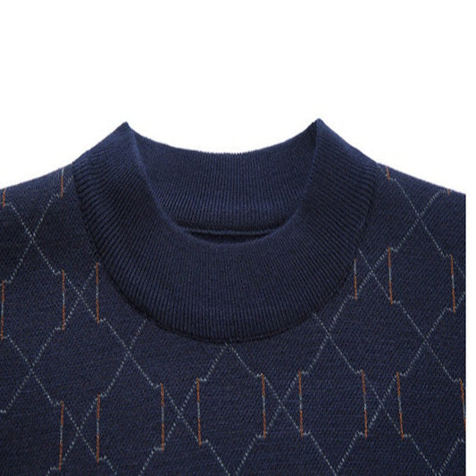 Navy blue sweater with diamond pattern on a white background