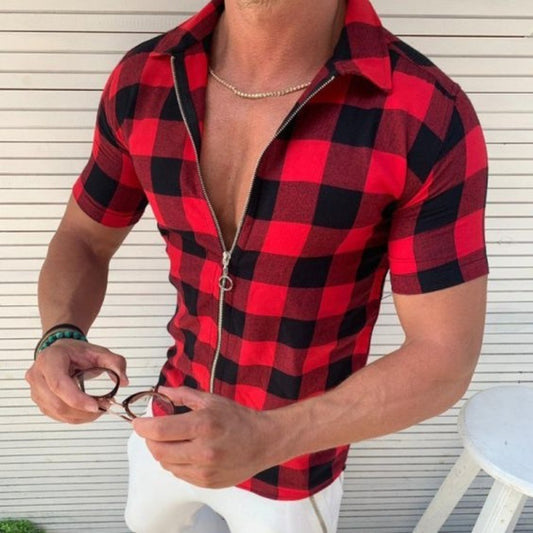 Men’s Plaid Zipper T-Shirt – Summer Short Sleeve Casual Shirt