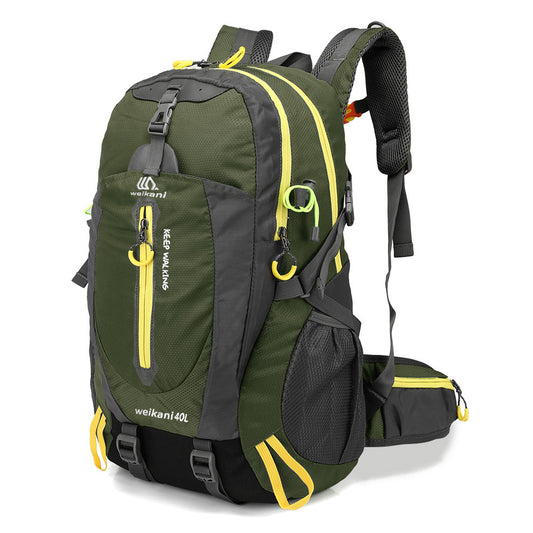 Green and black backpack with yellow accents on a white background