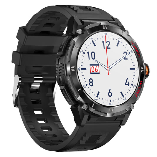 Black smartwatch with a white dial on a white background