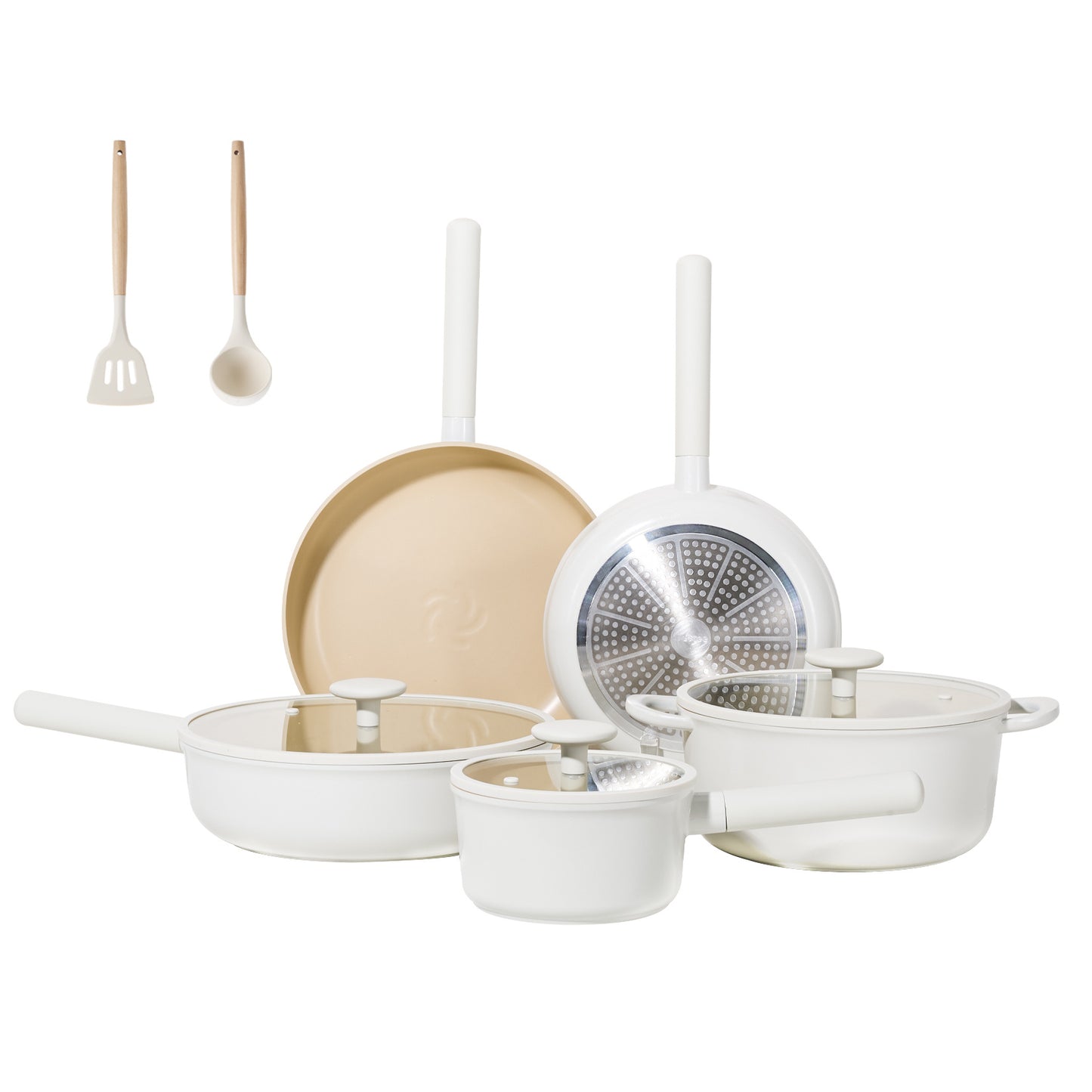 Ceramic Cookware Sets 17pcs, Pots And Pans Set Non Stick, Healthy Induction Kitchen Cooking Set With Removable Handles, Stackable Pots Pans, Oven Safe, PFOA,PFOS Free, Beige