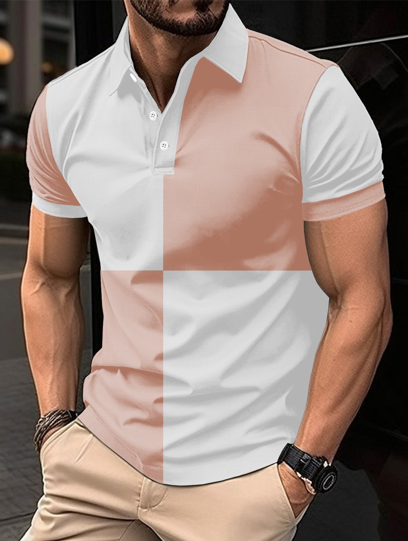 Casual Sports Short Sleeve Color Stitching Turnover Neck Polo Shirt for Men