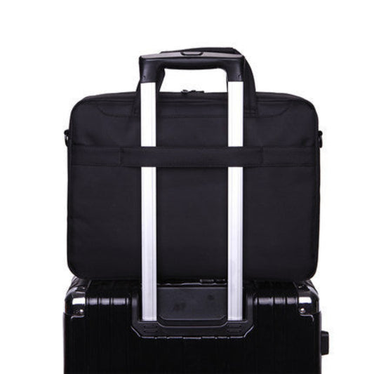 Black rolling suitcase with white handles on a white background