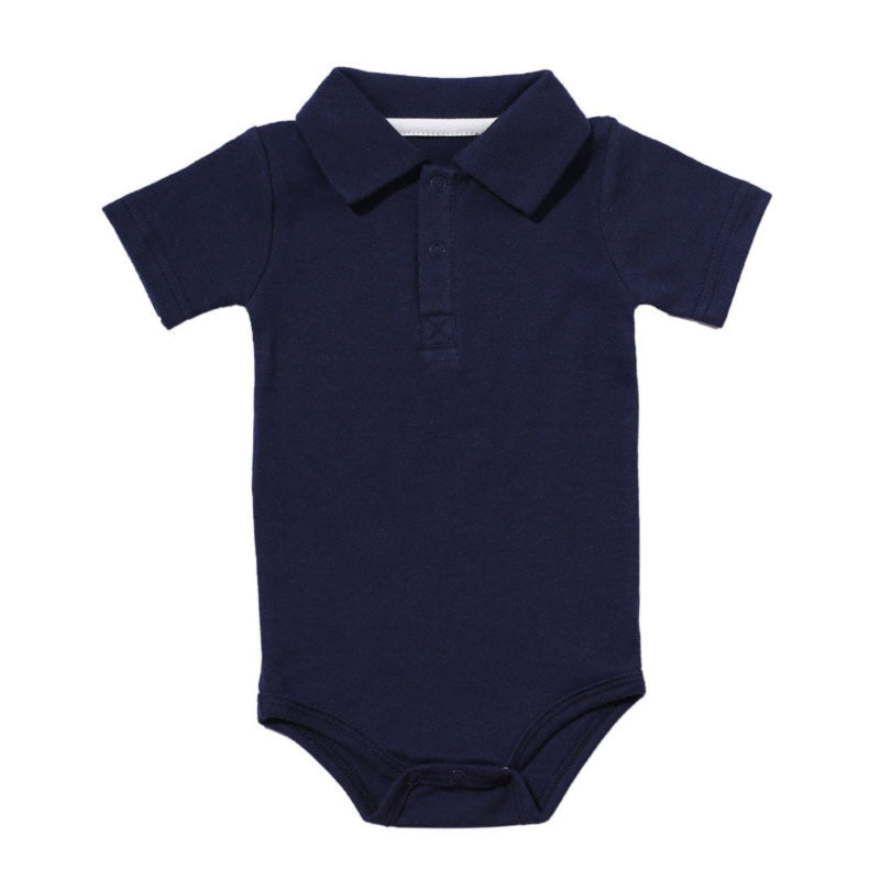 Navy blue baby onesie with a collar on a white background