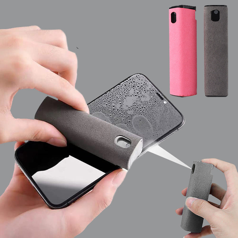 An advertisement showing a 2-in-1 screen cleaner with a spray bottle and a built-in microfiber wipe, being used to clean a smartphone screen.
