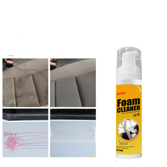 Foam cleaner spray with before and after results on car seats.