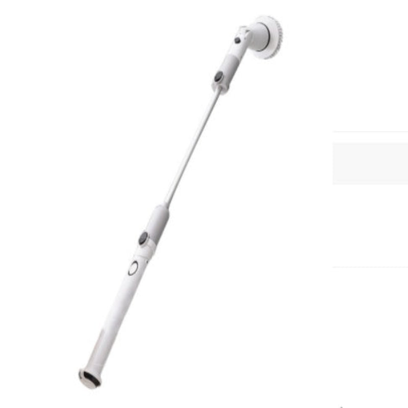 A person using a long-handle retractable electric cleaning brush with a white body, attached to a wall.