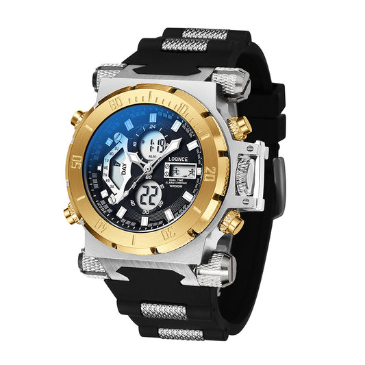 Multifunctional watch with black strap and gold and silver accents on a white background