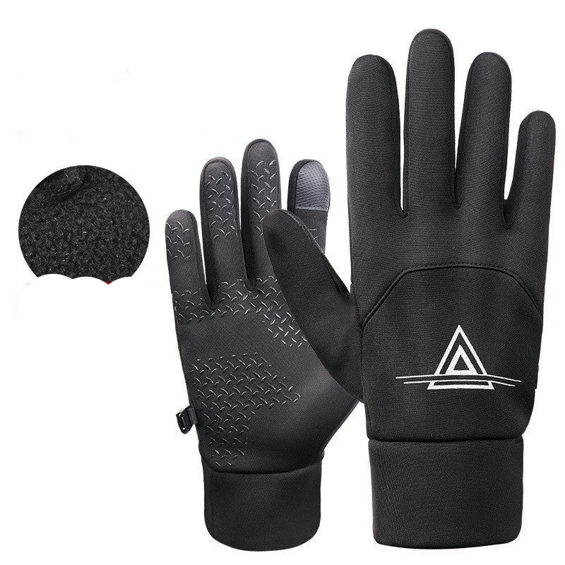 Black gloves with composite polar fleece and screen printing, featuring a brand logo on a white background.