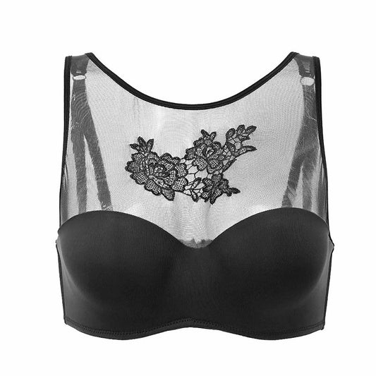 Black bra with floral lace detailing on a white background