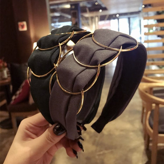 Hair Accessories Headband - Women Fashion Golden Ring Cross Stitching Fabric Wide Side