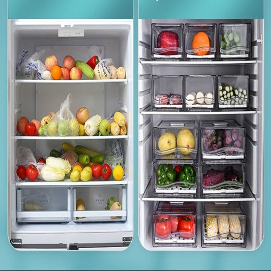 Before and after comparison of a refrigerator with storage compartments on a blue background.