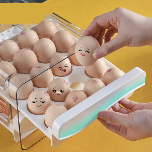 Egg carton with cartoon faces on eggs, held by a hand against a yellow background.