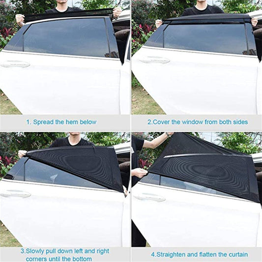 Step-by-step guide on how to use a car window shade with images of hands applying it.