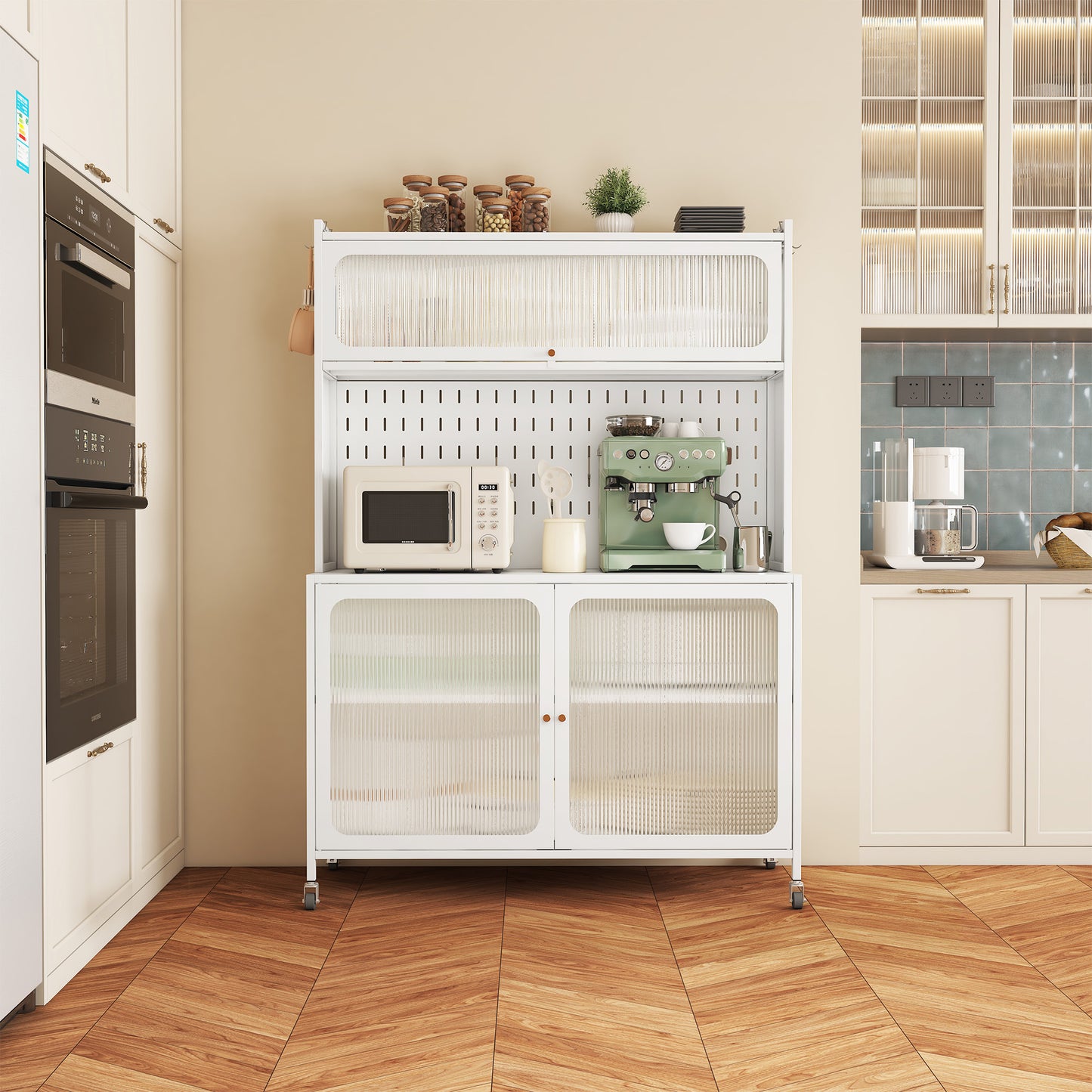 Kitchen Pantry Cabinet, Tall Storage Cabinet With Glass Doors & Adjustable Shelves, Cabinet Cupboard For Kitchen, Living Room, Dinning Room, White