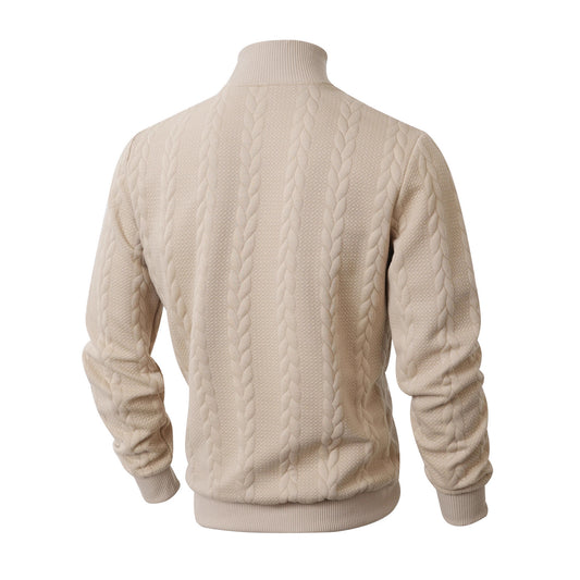 Beige cable knit sweater on a mannequin with a white background