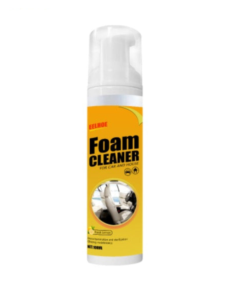 Foam cleaner spray bottle with yellow label on white background