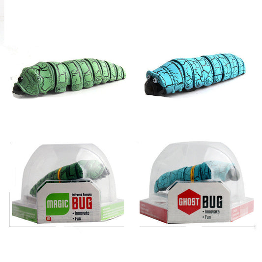 Two toy bugs, one green and one blue, with packaging and dimensions displayed.