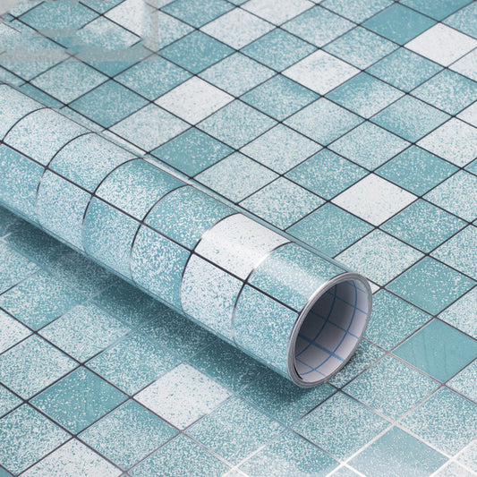 Roll of blue and white checkered tile vinyl wrap on a tiled surface.