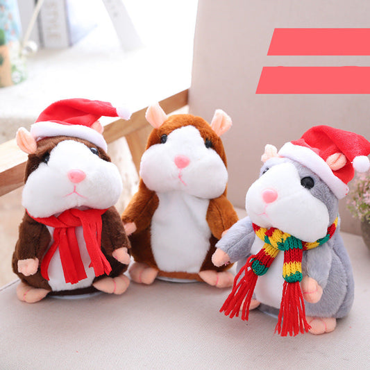 Three plush toy hamsters with Santa hats and scarves on a light background