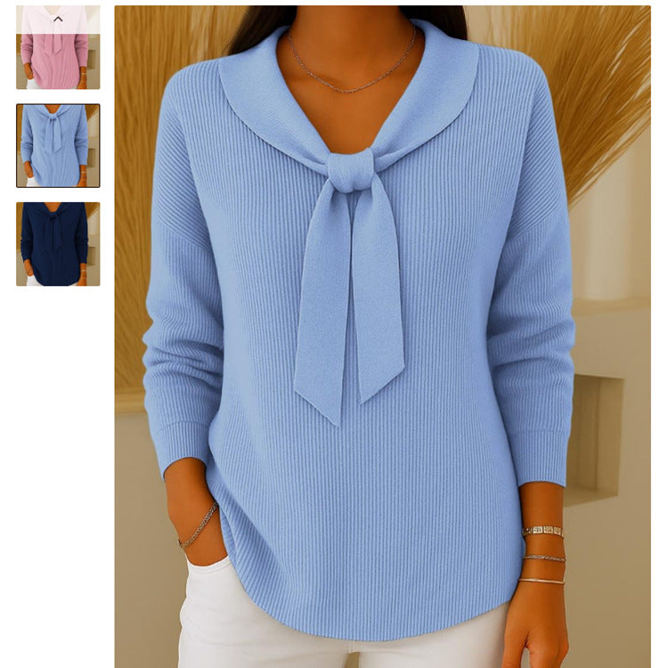 Women's Solid Color Loose Knitted Bow Sweater - Casual Japanese & Korean Style