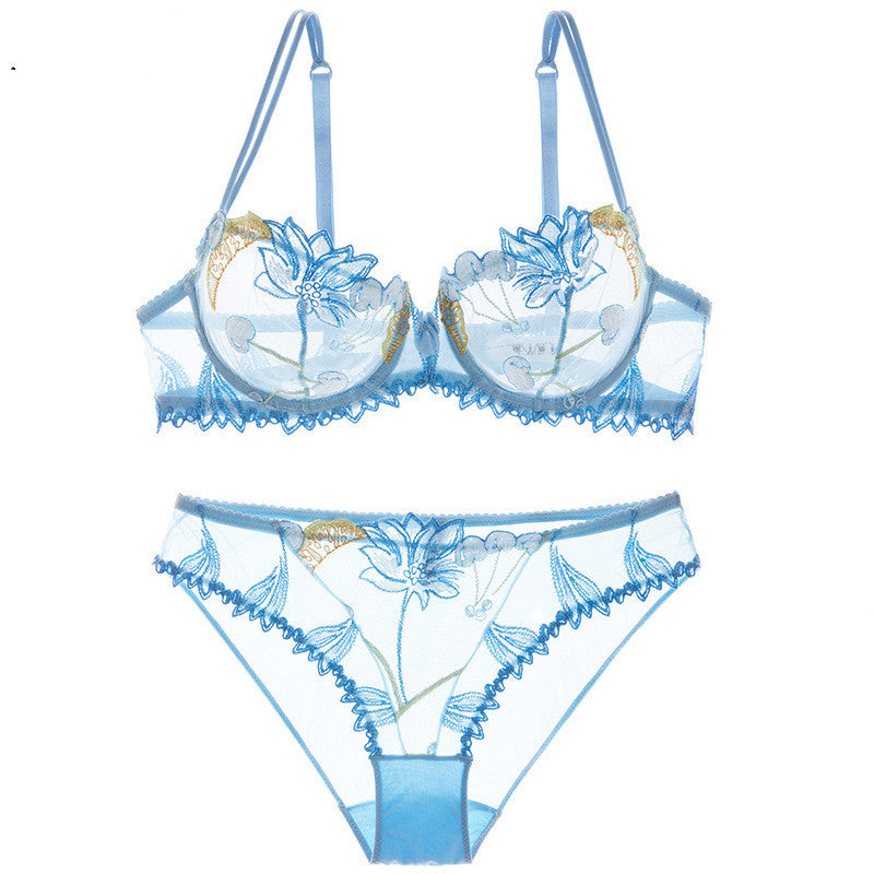 Women's Transparent Mesh Embroidered Bra and Underwear Set – Elegant Lace Design