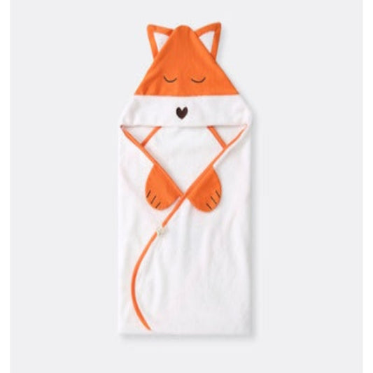 Fox-shaped hooded towel on a white background