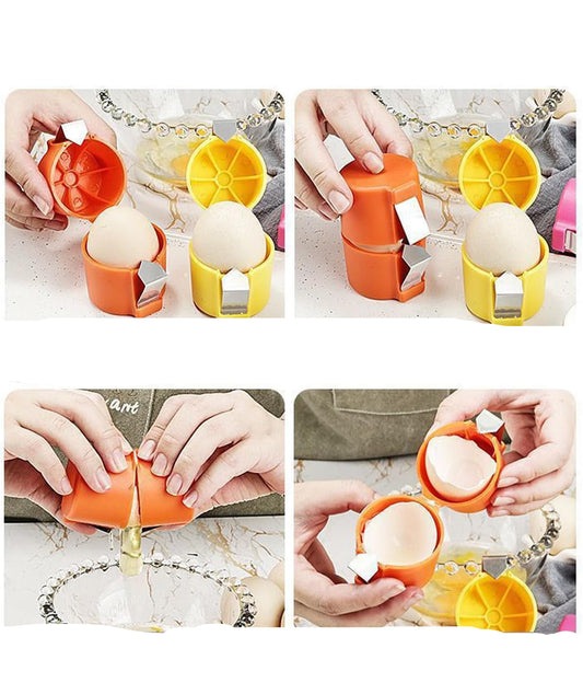 Step-by-step guide on using an egg opener with text 'METHOD OF APPLICATION'.