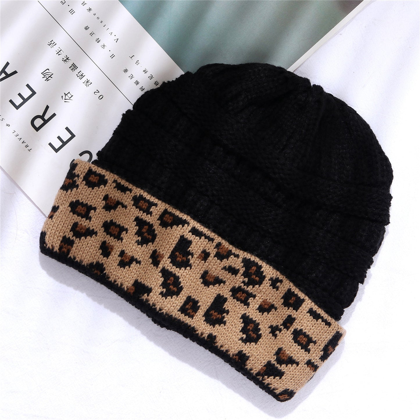 Leopard Print Cuffed Knitted Hat for Women