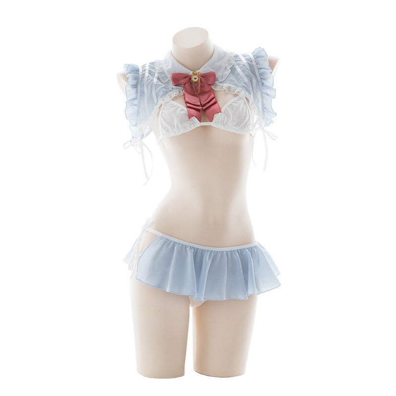 Lolita-style outfit with ruffled sleeves and skirt on a mannequin against a white background