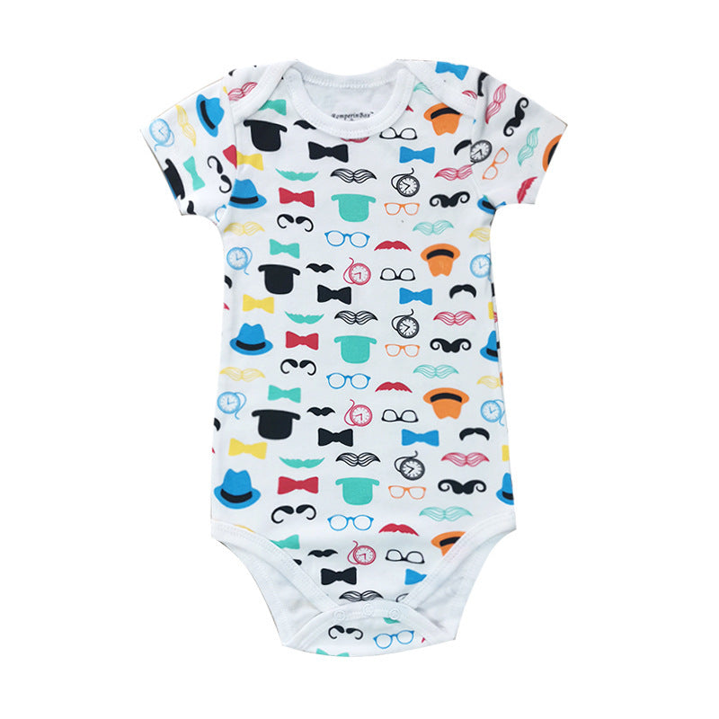 Baby onesie with colorful patterns on a white background
