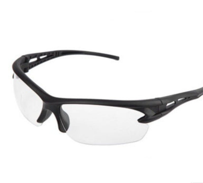 A pair of black sports sunglasses designed for outdoor activities, featuring a wraparound design and UV protection lenses.