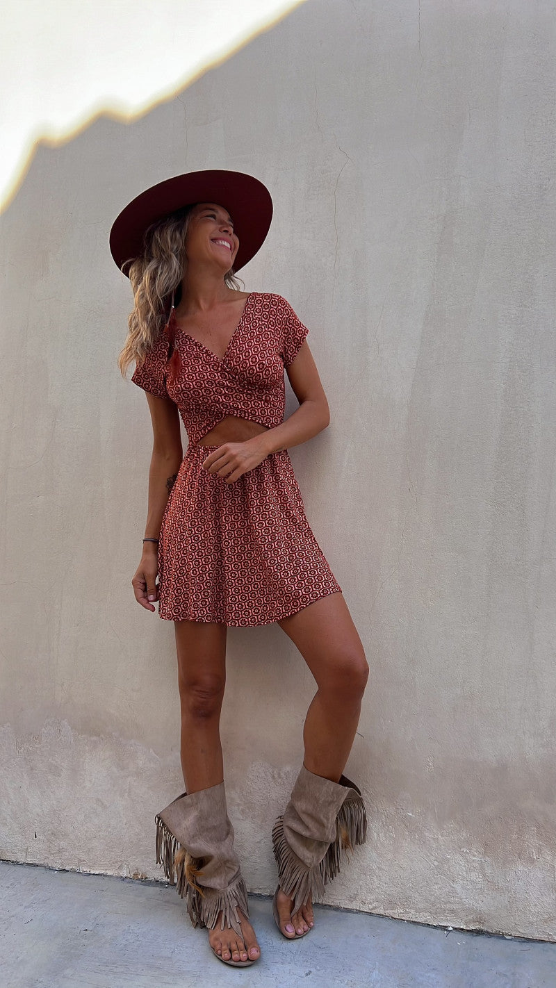 Short-sleeved Printed Short Dress