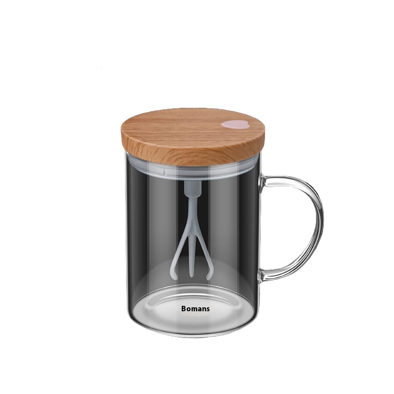 Glass mixing cup with wooden lid and tea infuser, featuring dimensions and specifications on a black background.