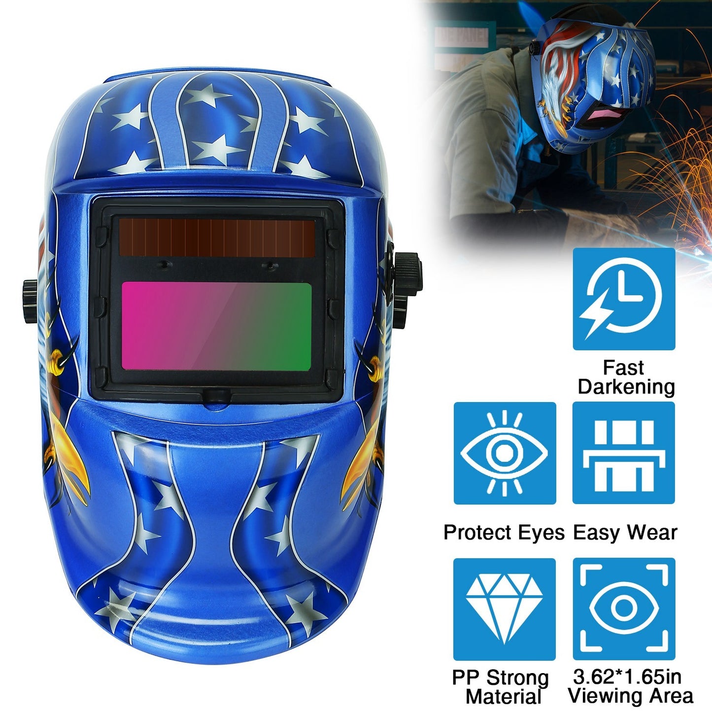 Welding Helmet Solar Powered Auto Darkening Hood With Adjustable Wide Shade Range 9-13 For Mig Tig Weld Grinding Welder Mask