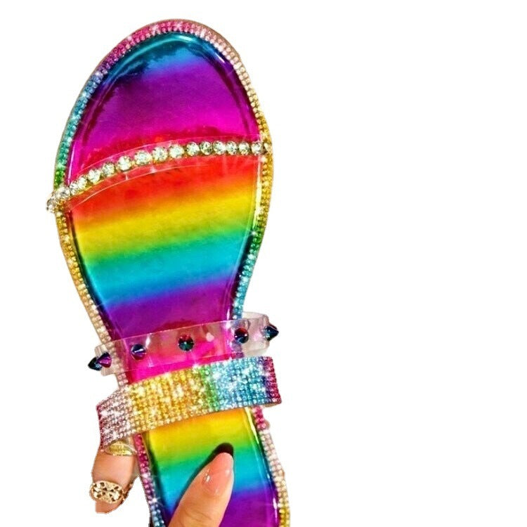 Rhinestone Rivets Flat-bottomed Colorful Sandals And Slippers Women