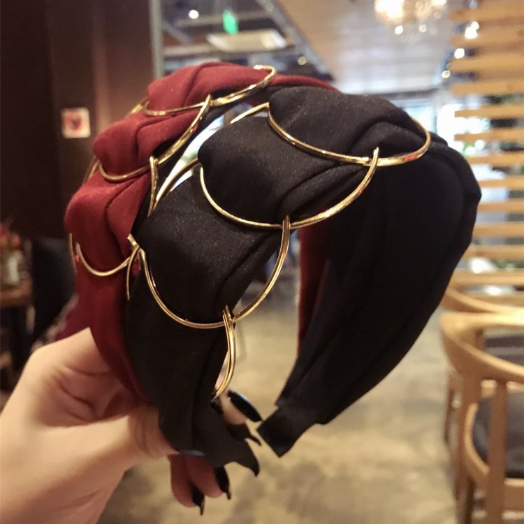 Hair Accessories Headband - Women Fashion Golden Ring Cross Stitching Fabric Wide Side