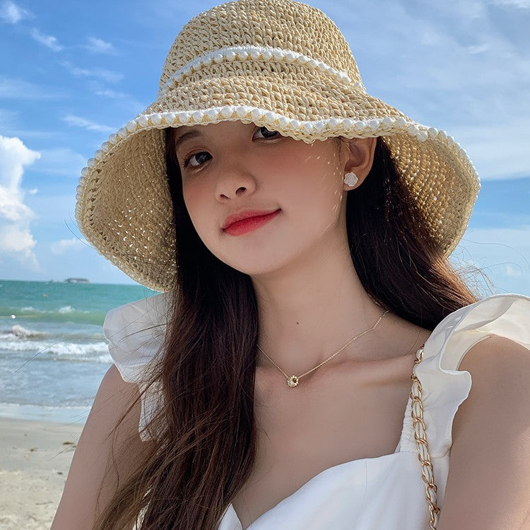 Women’s Braided Pearl Straw Sun Visor Hat