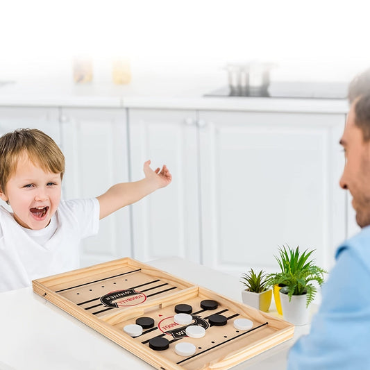 Two people playing a board game with text about it being a super fun board game and enhancing family relationships.